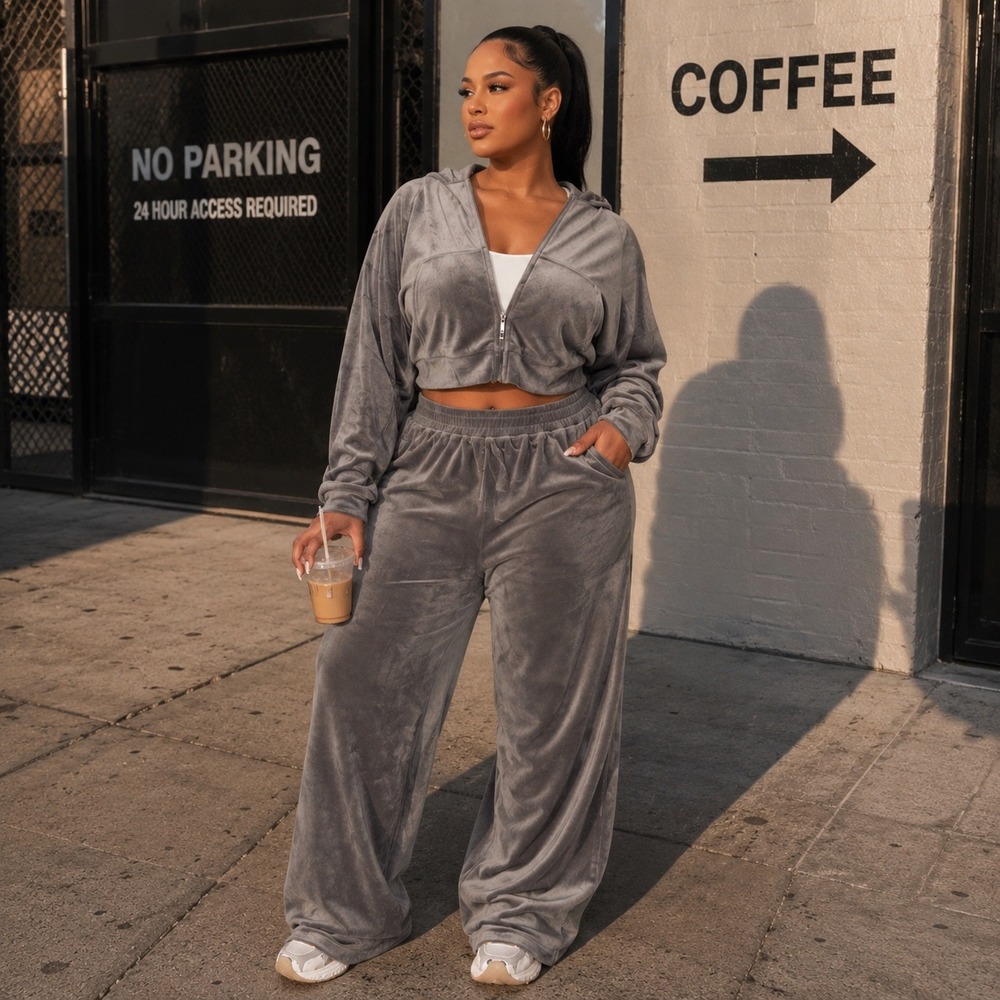 Fashion Nova Soft Launch Jogger Set Grey Velour Hoodie Wide Leg Pants Medium NWT